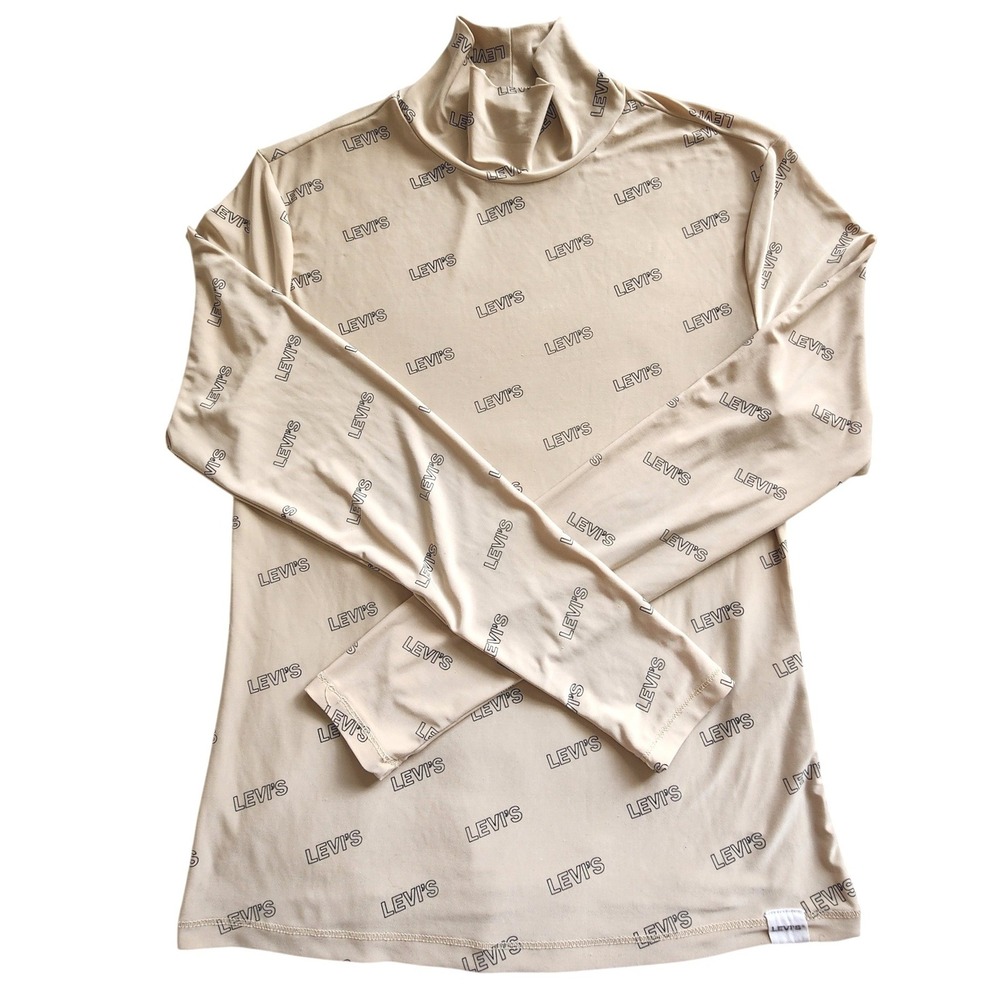 Y2K Levis Womens Tan All Over Logo Print Mock Neck Capsule Long Sleeve‎ Top L